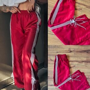 Red Track Pants with White Stripes And Bows